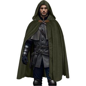 🆕Men Green Medieval Velvet Hooded Cloak Cape Hood Capelet Halloween Costume